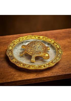 SATVANG Metal Feng Shui Golden Tortoise on Glass Plate - 5.5 inches (Pack of 1) Decorative Showpiece - 3 cm&nbsp;&nbsp;(Brass, Gold)
