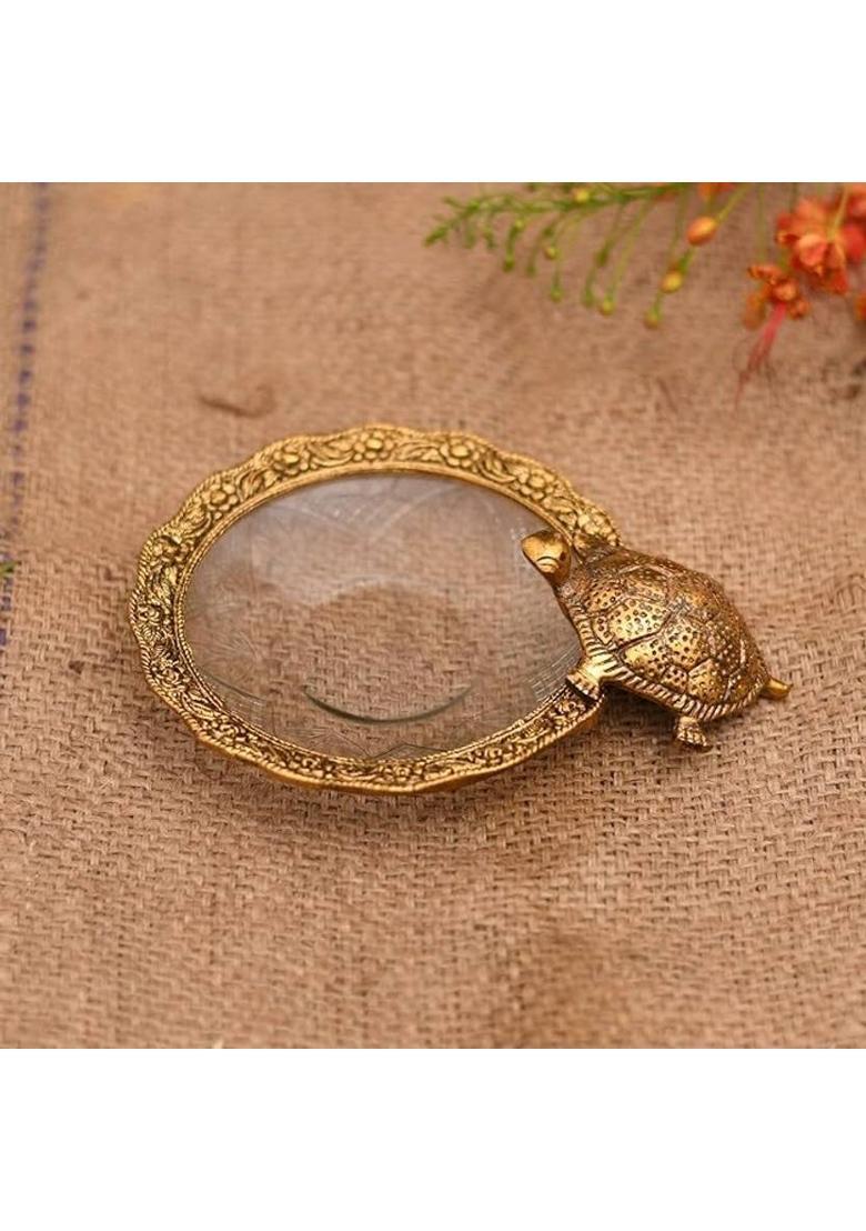 SATVANG Metal Feng Shui Golden Tortoise on Glass Plate - 5.5 inches (Pack of 1) Decorative Showpiece - 3 cm&nbsp;&nbsp;(Brass, Gold) - Indya