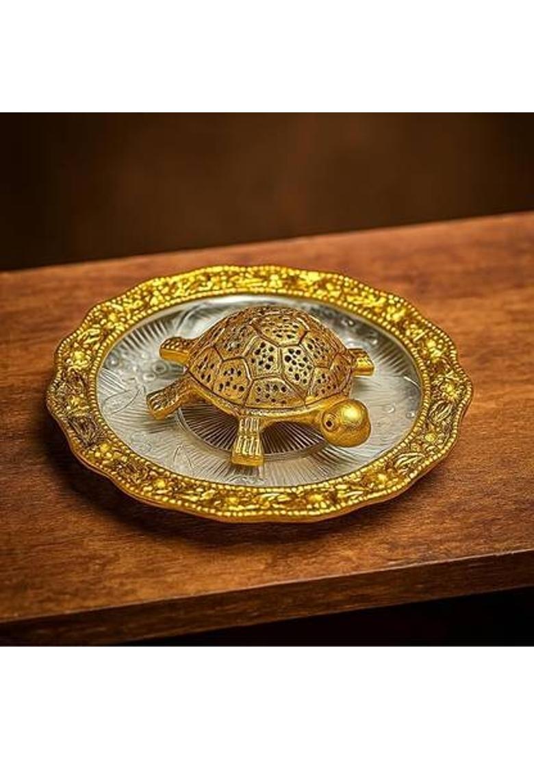SATVANG Metal Feng Shui Golden Tortoise on Glass Plate - 5.5 inches (Pack of 1) Decorative Showpiece - 3 cm&nbsp;&nbsp;(Brass, Gold) - Indya