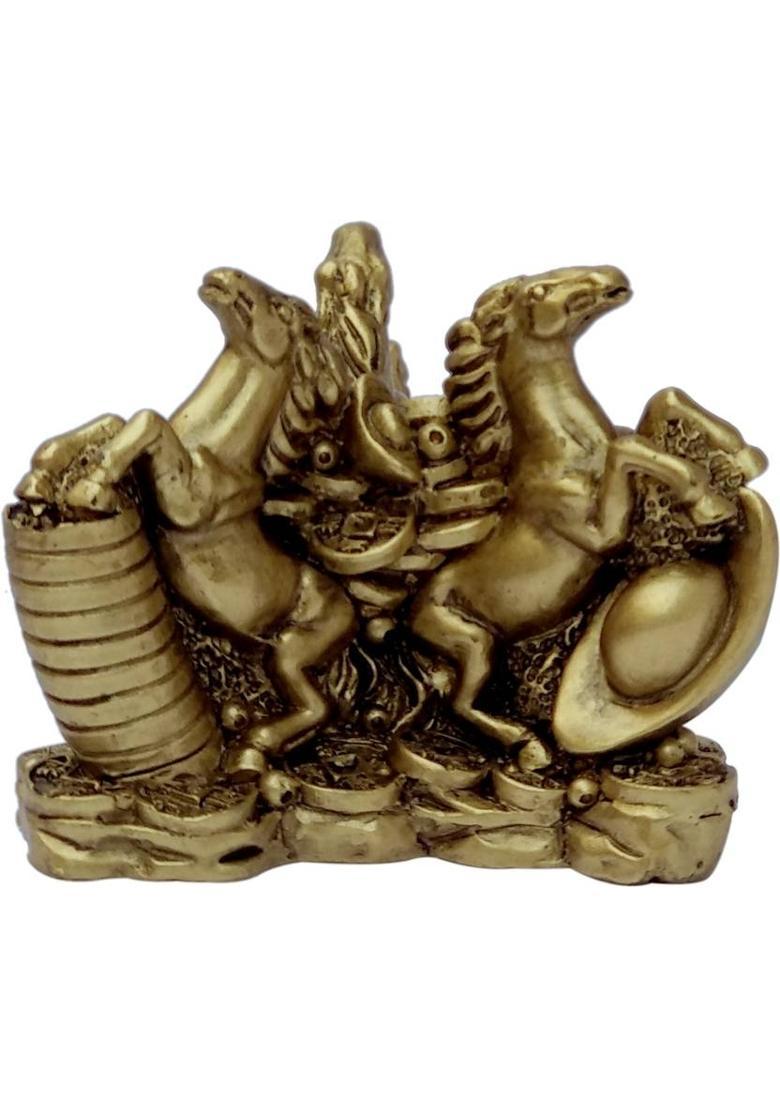 Vastu Art Vastu / Feng Shui /Triple Victory Horse With Crystal Ball For Victory, Health, Wealth, Happyness & Prosperity Decorative Showpiece - 9 cm&nbsp;&nbsp;(Polyresin, Gold) - Indya