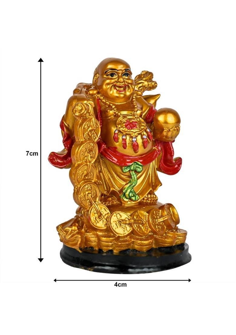 KHURSHID Feng Shui Vastu Glossy Golden Laughing Buddha Idol Lucky Man Statue For Home Decorative Showpiece - 7 cm&nbsp;&nbsp;(Polyresin, Gold) - Indya