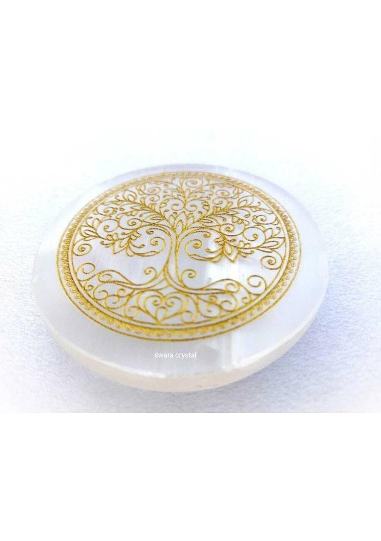 SWARACRYSTAL Tree of Life Selenite Charging Plate – Energy Cleansing, Crystal Charging Decorative Showpiece - 8 cm&nbsp;&nbsp;(Crystal, White, Gold) - Indya