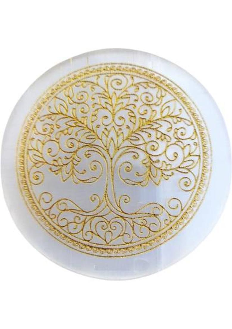 SWARACRYSTAL Tree of Life Selenite Charging Plate – Energy Cleansing, Crystal Charging Decorative Showpiece - 8 cm&nbsp;&nbsp;(Crystal, White, Gold) - Indya