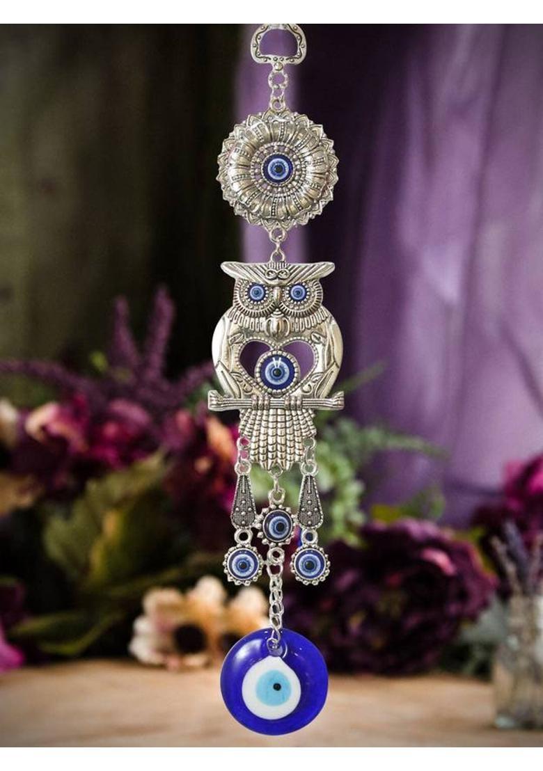 TIED RIBBONS Wall Hanging Owl Evil Eye For Good Luck Charm and Prosperity (Pack of 1) Decorative Showpiece - 10 cm&nbsp;&nbsp;(Metal, Multicolor) - Indya