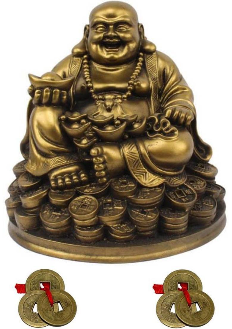 Kraft Village Laughing Buddha Sitting on Lucky Coins Carrying Ingot for Good Luck Decorative Showpiece - 13 cm&nbsp;&nbsp;(Polyresin, Multicolor) - Indya