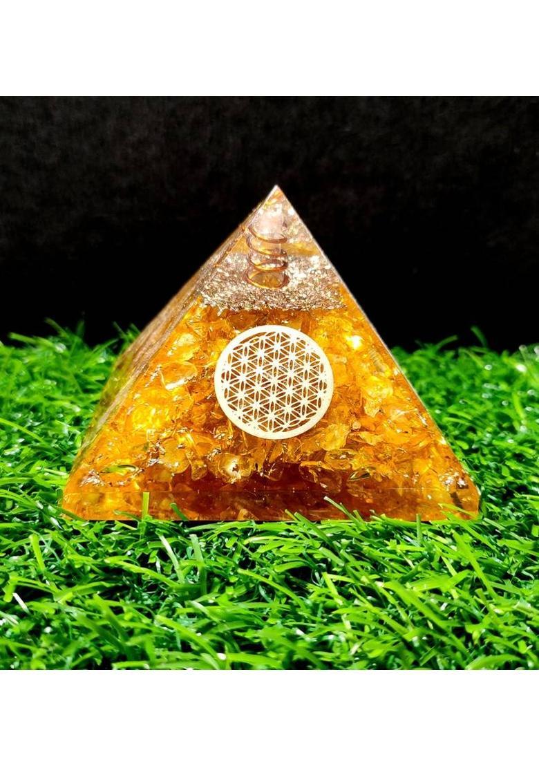 Sawcart Citrine Orgone Crystal Pyramid with Flower of Life Symbol for Reiki Healing, Chakra Balancing, Aura Cleansing, Energy Generator, Yoga Meditation Size: 2.5-3 Inches Decorative Showpiece - 5.5 cm&nbsp;&nbsp;(Stone, Crystal, Yellow) - Indya