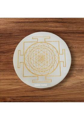SWARACRYSTAL Selenite Charging Plate Engraved Symbol for Reiki Healing Fengshui (Shri Yantra) Decorative Showpiece - 8 cm&nbsp;&nbsp;(Crystal, White, Gold)