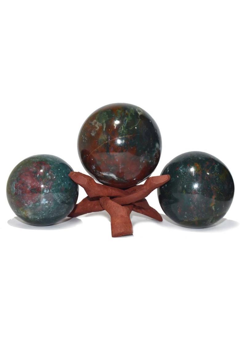 Healings4u Sphere Bloodstone Size 2.5-3 Inch & One Wooden Ball stand Natural Crystal Ball Sphere Vastu Reiki Chakra Healing Decorative Showpiece - 7 cm&nbsp;&nbsp;(Stone, Dark Green) - Indya