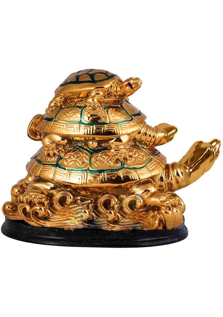 Feng Shui Art Vastu / Three Tiered Tortoises Turtle Family For Longivity Wealth & Prosperity Decorative Showpiece - 9 cm&nbsp;&nbsp;(Polyresin, Gold) - Indya