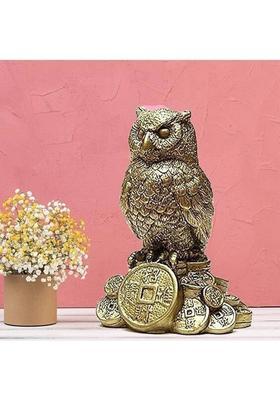 yogi Feng Shui Golden Owl Standing on a Pile of Coins Idol Statue for Good Luck Decorative Showpiece - 10 cm&nbsp;&nbsp;(Brass, Gold)