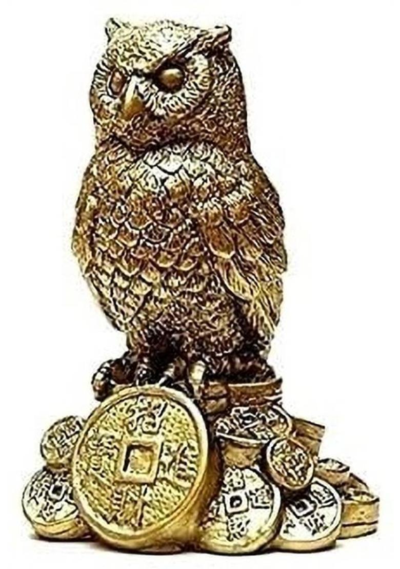 yogi Feng Shui Golden Owl Standing on a Pile of Coins Idol Statue for Good Luck Decorative Showpiece - 10 cm&nbsp;&nbsp;(Brass, Gold) - Indya