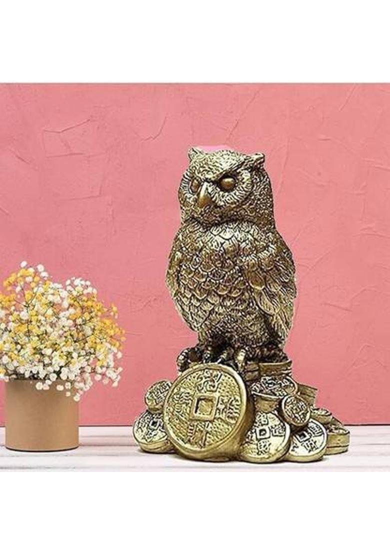 yogi Feng Shui Golden Owl Standing on a Pile of Coins Idol Statue for Good Luck Decorative Showpiece - 10 cm&nbsp;&nbsp;(Brass, Gold) - Indya