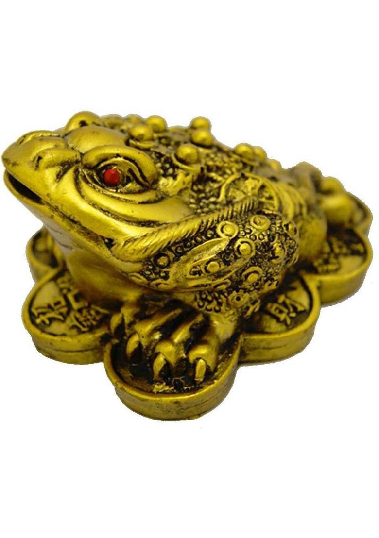 FOBHIYA Metalic Ceramic Feng Shui Triple Legged Frog with Coin in Mouth Decorative Showpiece for Good Luck, Home, Wisdom, Success, Wealth, Marriage, Prosperity, Happiness (Golden Colour) Decorative Showpiece - 6.5 cm&nbsp;&nbsp;(Polyresin, Gold) - Indya