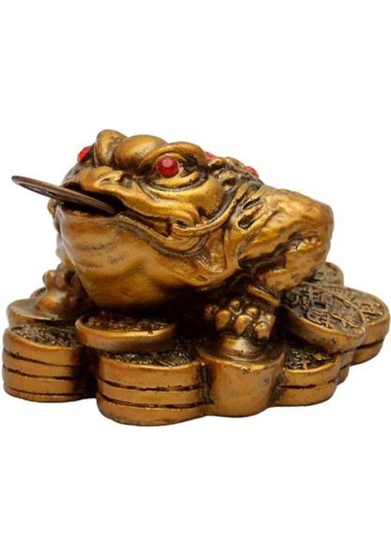 Feng Shui Art Vastu / Three Legged Frogg With Coin For Wealth And Happiness Decorative Showpiece - 4 cm&nbsp;&nbsp;(Polyresin, Gold) - Indya