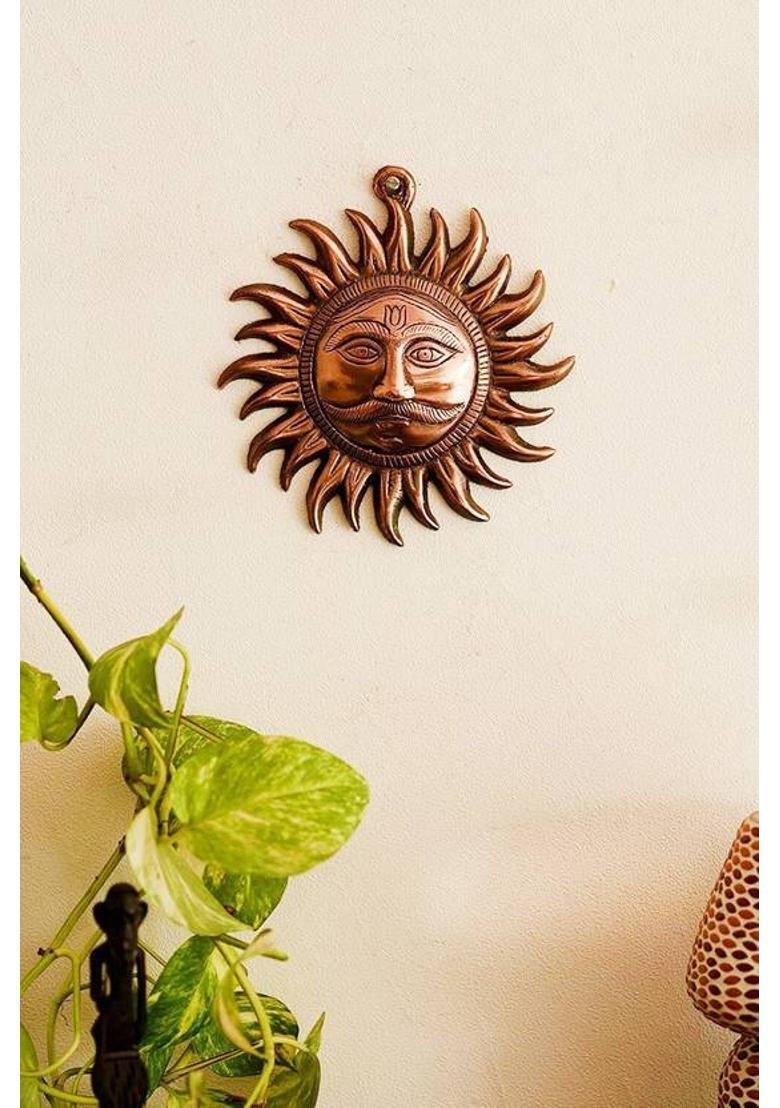 Aryshaa Good Qaulity Copper Wall Hanging Lord Surya/Sun/Suraj Face Metal Copper Colour God Idol (Pack 1 SURAJ WITH 3 LUCKY SHUI COINS) Decorative Showpiece - 12 cm&nbsp;&nbsp;(Copper, Brown) - Indya
