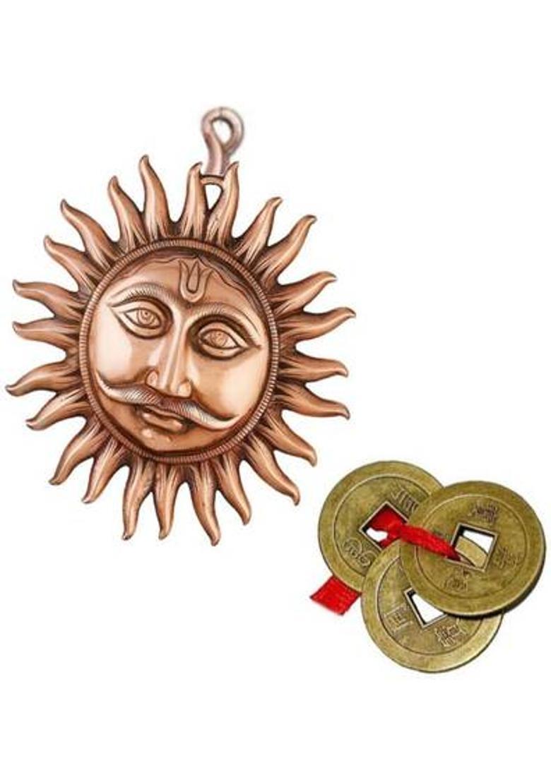 Aryshaa Good Qaulity Copper Wall Hanging Lord Surya/Sun/Suraj Face Metal Copper Colour God Idol (Pack 1 SURAJ WITH 3 LUCKY SHUI COINS) Decorative Showpiece - 12 cm&nbsp;&nbsp;(Copper, Brown) - Indya