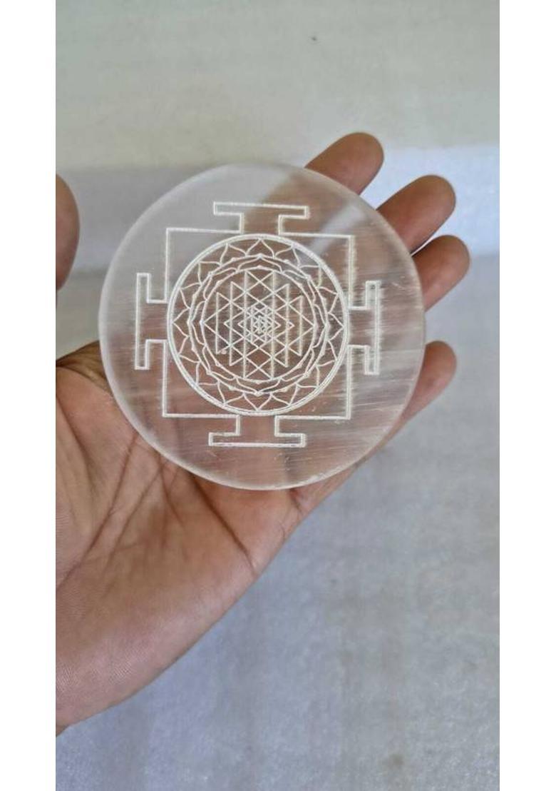 SWARACRYSTAL Selenite Charging Plate Engraved Symbol for Reiki Healing White (Shri Yantra) Decorative Showpiece - 8 cm&nbsp;&nbsp;(Crystal, White) - Indya