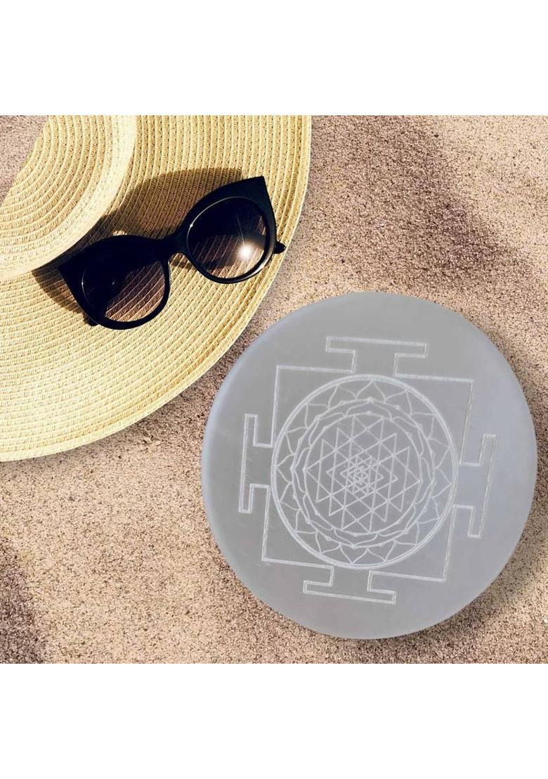 SWARACRYSTAL Selenite Charging Plate Engraved Symbol for Reiki Healing White (Shri Yantra) Decorative Showpiece - 8 cm&nbsp;&nbsp;(Crystal, White) - Indya