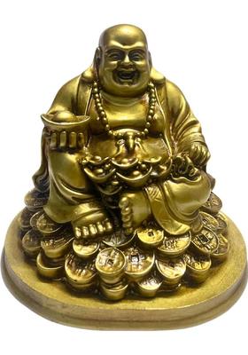 Ripe India Exclusive Fengshui Laughing Buddha Figurine for Good Luck Sitting on Lucky Coins Decorative Showpiece - 14 cm&nbsp;&nbsp;(Resin, Multicolor)
