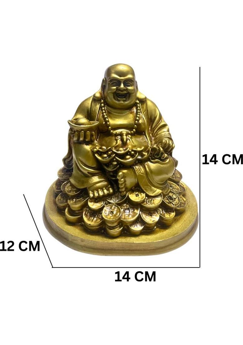 Ripe India Exclusive Fengshui Laughing Buddha Figurine for Good Luck Sitting on Lucky Coins Decorative Showpiece - 14 cm&nbsp;&nbsp;(Resin, Multicolor) - Indya