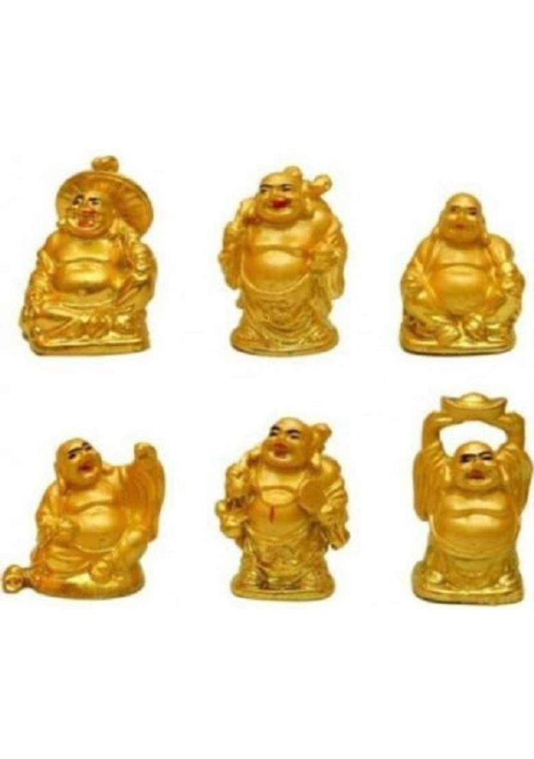 Giftales Laughing Budha for Abundance and Wealth(Pack Of 6) Decorative Showpiece - 3 cm&nbsp;&nbsp;(Polyresin, Gold) - Indya
