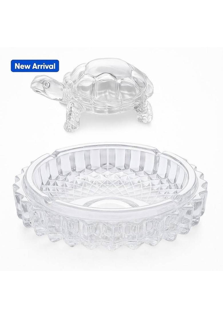 MUNNIC Crystal Glass Tortoise with Plate Decorative Showpiece - 8 cm&nbsp;&nbsp;(Glass, Metal, Gold) - Indya