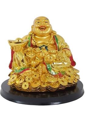 Goodmarts Feng Shui Polyresin Laughing Buddha Siitting on Money with Ingot Decorative Showpiece - 25 cm&nbsp;&nbsp;(Polyresin, Gold)