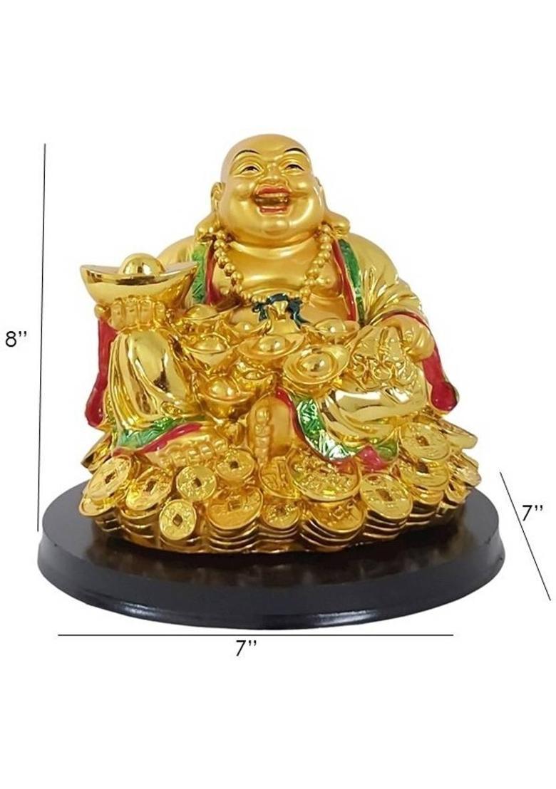 Goodmarts Feng Shui Polyresin Laughing Buddha Siitting on Money with Ingot Decorative Showpiece - 25 cm&nbsp;&nbsp;(Polyresin, Gold) - Indya