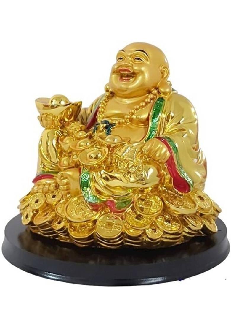 Goodmarts Feng Shui Polyresin Laughing Buddha Siitting on Money with Ingot Decorative Showpiece - 25 cm&nbsp;&nbsp;(Polyresin, Gold) - Indya