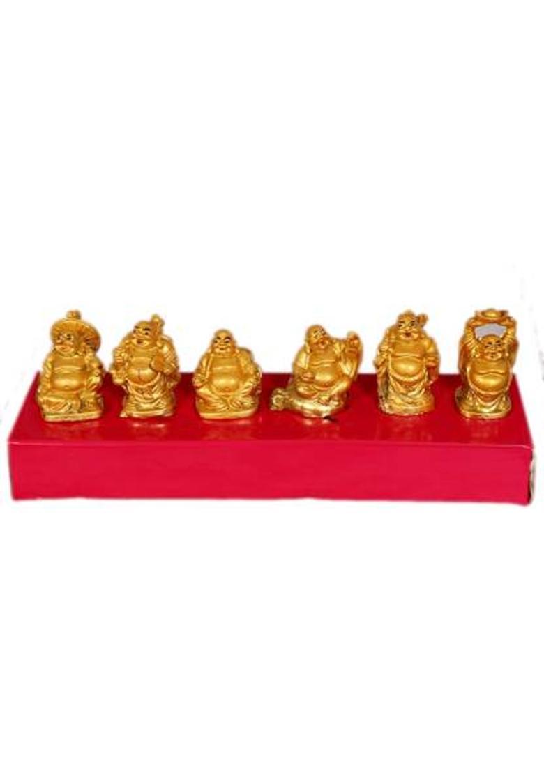 Jinagam Rudra Divine Shui/Vastu Feng Shui Golden Set of Laughing Buddha 6 Pc different Poses Set Figurine Golden Statue, for Wealth and Success for Diwali Gift Decorative Showpiece - 10 cm (Polyresin, Gold) Decorative Showpiece - 10 cm&nbsp;&nbsp;(Polyresin, Gold) - Indya