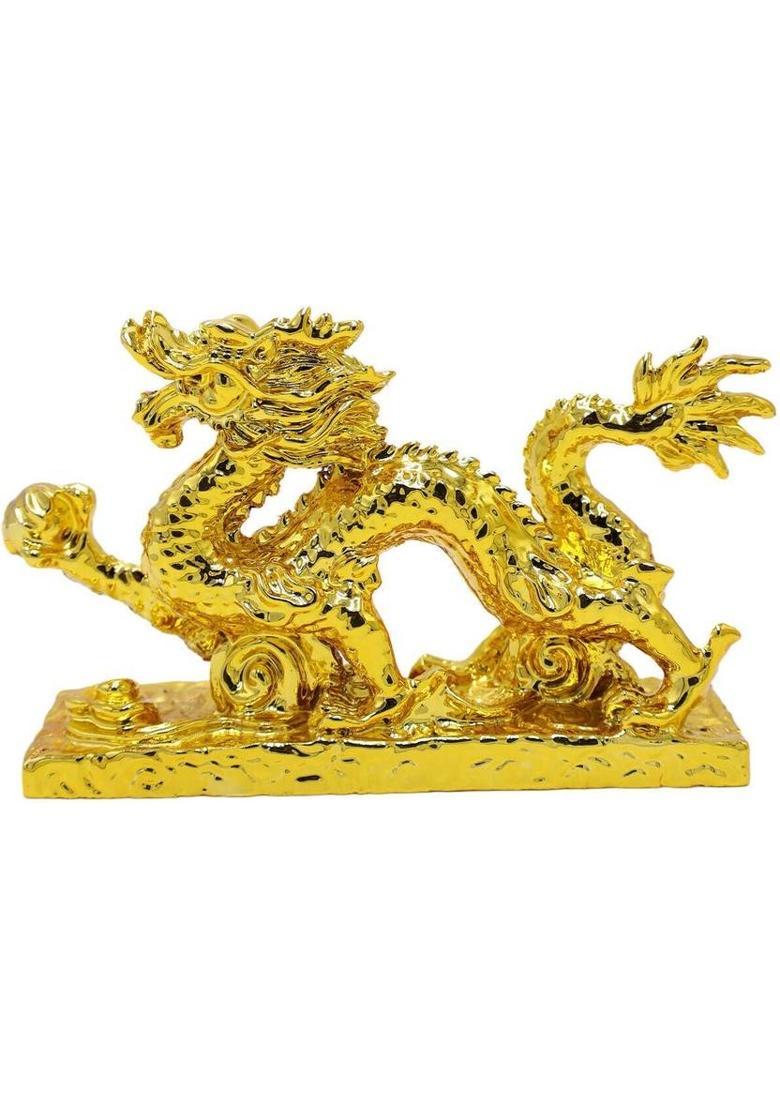 BhagyeG Chinese Feng Shui Dragon Statue For Luck Success Office Home Decoration Golden Decorative Showpiece - 10 cm&nbsp;&nbsp;(Resin, Gold) - Indya