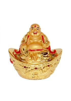 Feng Shui Art Vastu / Laughing Buddha Sitting On Money Ingot For Health , Wealth And Good Luck Decorative Showpiece - 11 cm&nbsp;&nbsp;(Polyresin, Gold)