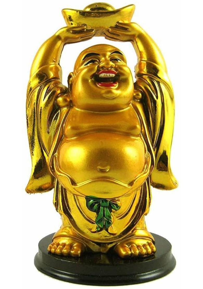 PPJ Laughing Buddha (5 Inch x 2 Inch) raising hand and Holding Chinese Ingot for Health, Wealth & Prosperity Feng Shui Vastu Decorative Showpiece - 5 cm&nbsp;&nbsp;(Polyresin, Multicolor) - Indya