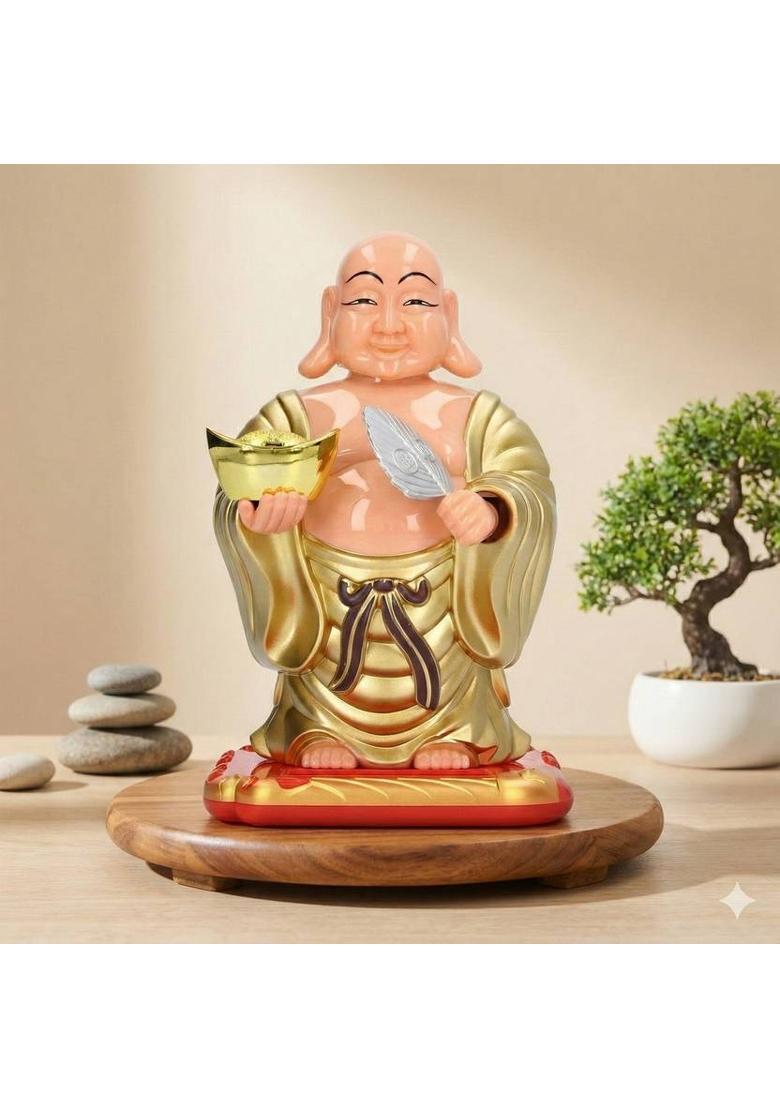 Elegant Lifestyle Cute Solar Laughing Buddha Feng-Shui, Positive Energy, Money Luck & Prosperity Decorative Showpiece - 14 cm&nbsp;&nbsp;(Plastic, Gold) - Indya