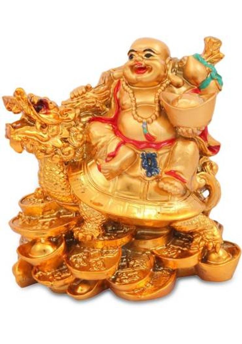 shakti 100% original Laughing Buddha Sitting on Dragon Tortoise Decorative Showpiece - 7 cm&nbsp;&nbsp;(Polyresin, Gold) - Indya