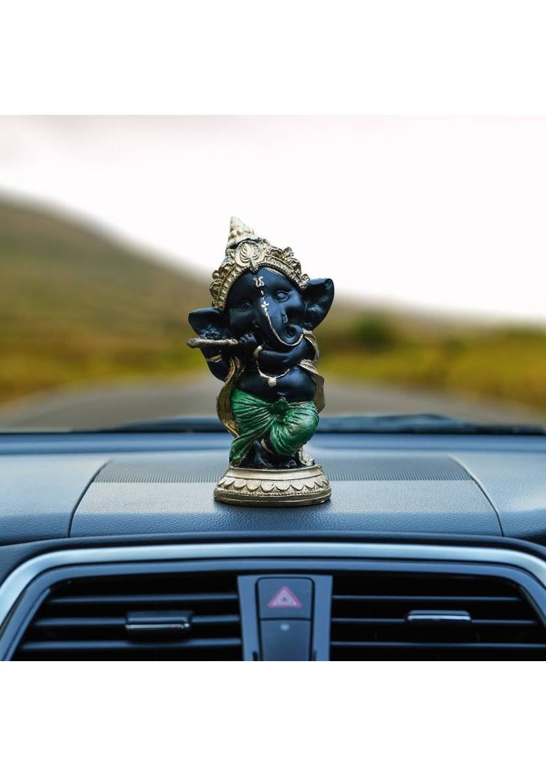 CAPIO ART DESIGNER GANESHA TO BRING PEACE AND MUSIC IN LIFE Decorative Showpiece - 15 cm&nbsp;&nbsp;(Polyresin, Black, Gold, Green) - Indya