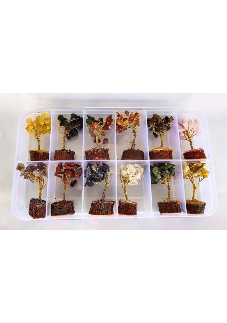 Sawcart Mini Crystal Tree Set of 12 Natural Stone with Different Gemstones for Good Luck Decorative Showpiece - 7 cm&nbsp;&nbsp;(Crystal, Stone, Multicolor) - Indya