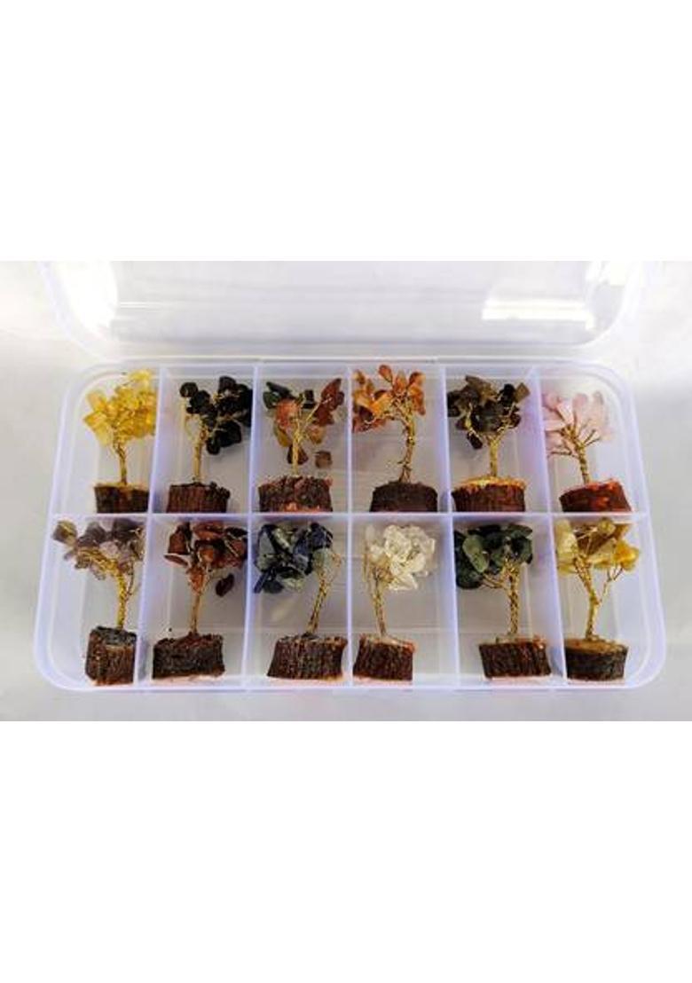 Sawcart Mini Crystal Tree Set of 12 Natural Stone with Different Gemstones for Good Luck Decorative Showpiece - 7 cm&nbsp;&nbsp;(Crystal, Stone, Multicolor) - Indya