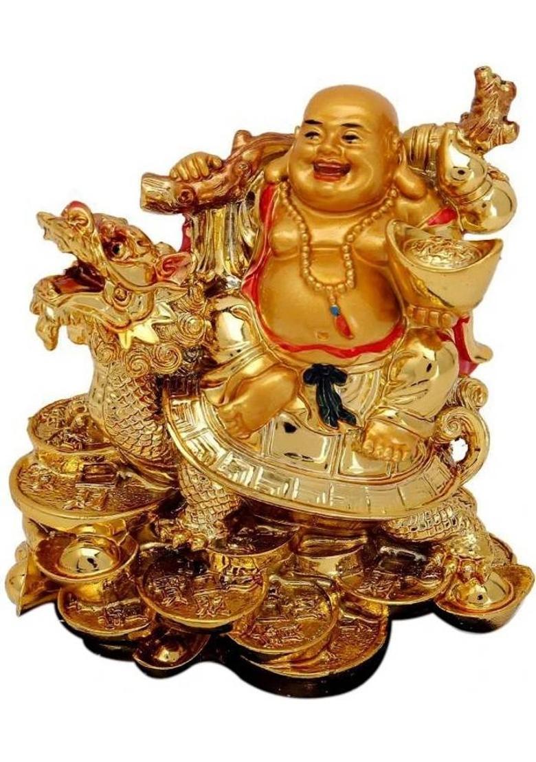 Vastu Art Vastu / Feng Shui / Laughing Buddha Sitting on Dragon Tortoise For Happiness, Wealth & Good luck Decorative Showpiece - 11 cm&nbsp;&nbsp;(Polyresin, Gold) - Indya