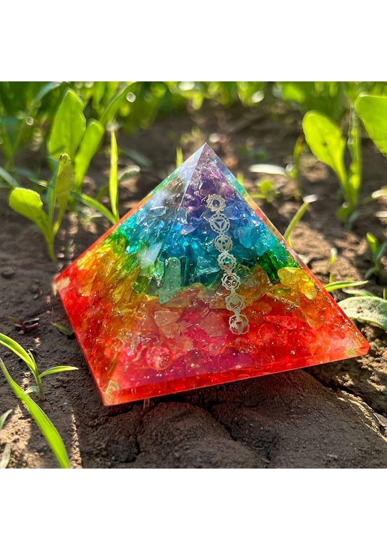 Sawcart 7 Chakra Onyx Orgone Crystal Pyramid with 7 Chakra Symbol for Reiki Healing Decorative Showpiece - 5.5 cm&nbsp;&nbsp;(Stone, Crystal, Multicolor) - Indya