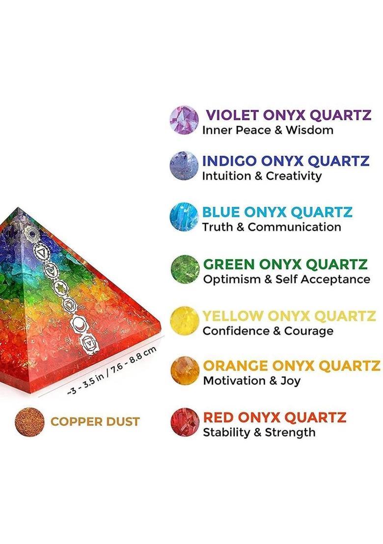 Sawcart 7 Chakra Onyx Orgone Crystal Pyramid with 7 Chakra Symbol for Reiki Healing Decorative Showpiece - 5.5 cm&nbsp;&nbsp;(Stone, Crystal, Multicolor) - Indya