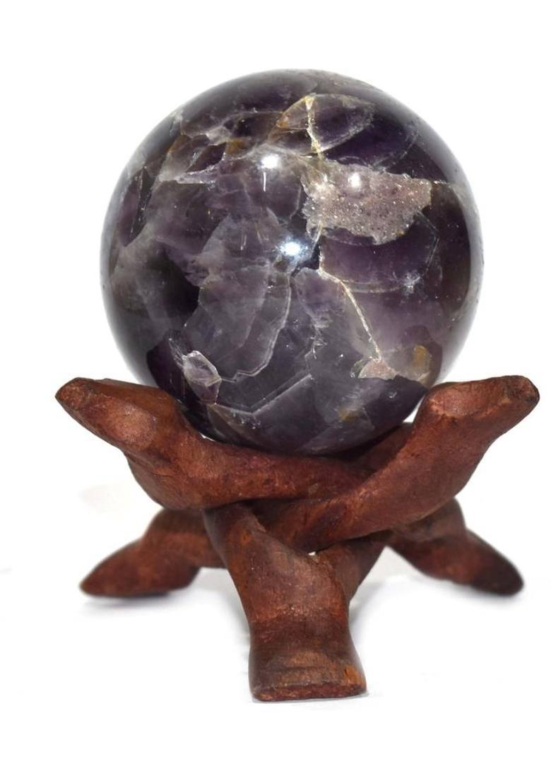 Healings4u Sphere Amethyst Indian Size 1.5-2 Inch & One Wooden Ball stand Natural Crystal Ball Sphere Vastu Reiki Chakra Healing Decorative Showpiece - 4 cm&nbsp;&nbsp;(Stone, Purple) - Indya
