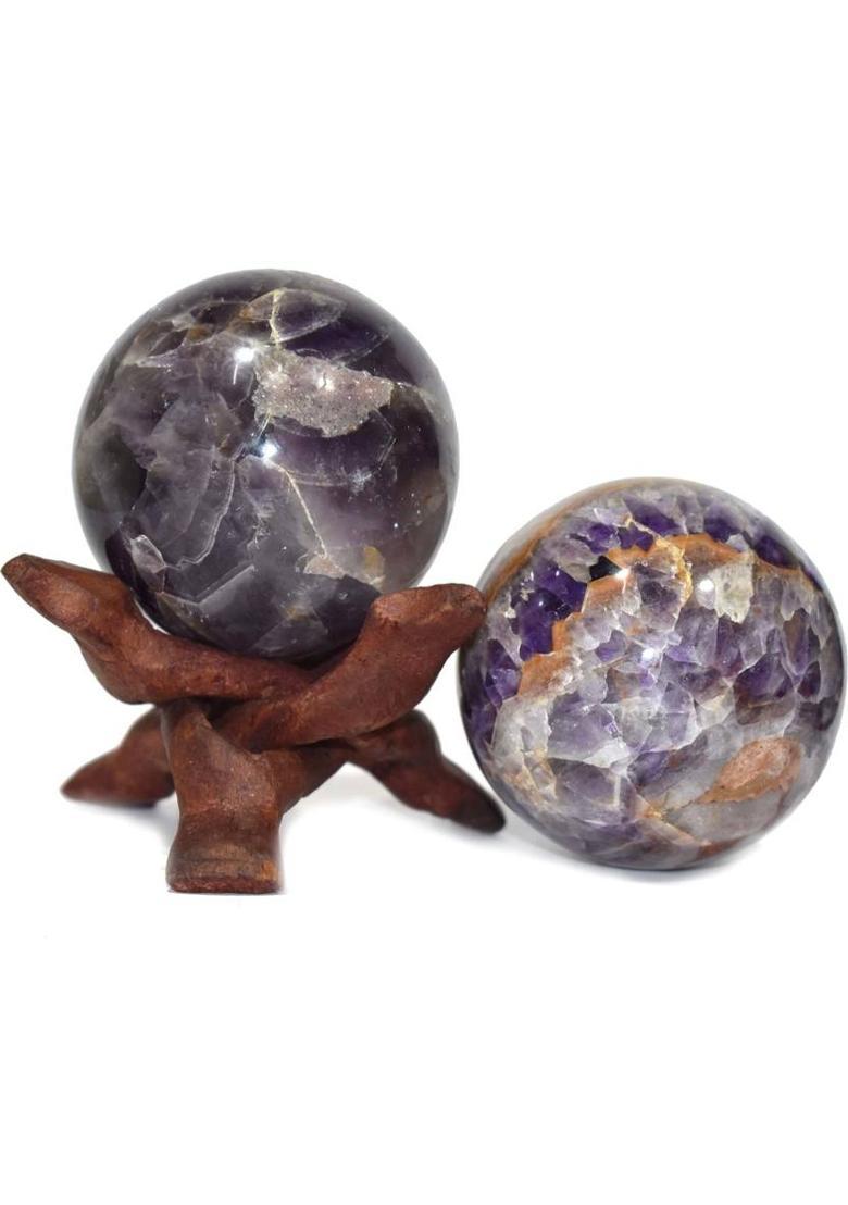 Healings4u Sphere Amethyst Indian Size 1.5-2 Inch & One Wooden Ball stand Natural Crystal Ball Sphere Vastu Reiki Chakra Healing Decorative Showpiece - 4 cm&nbsp;&nbsp;(Stone, Purple) - Indya