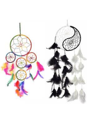 Ryme Multi Dream Catcher And Ying Yang (White &Black ) Dream Catcher Decorative Showpiece - 20 cm&nbsp;&nbsp;(Feather, Multicolor)