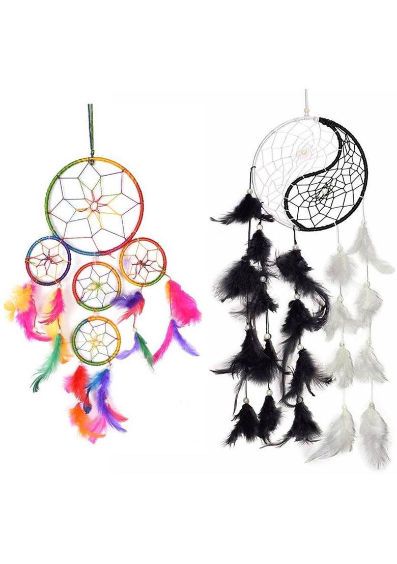 Ryme Multi Dream Catcher And Ying Yang (White &Black ) Dream Catcher Decorative Showpiece - 20 cm&nbsp;&nbsp;(Feather, Multicolor) - Indya