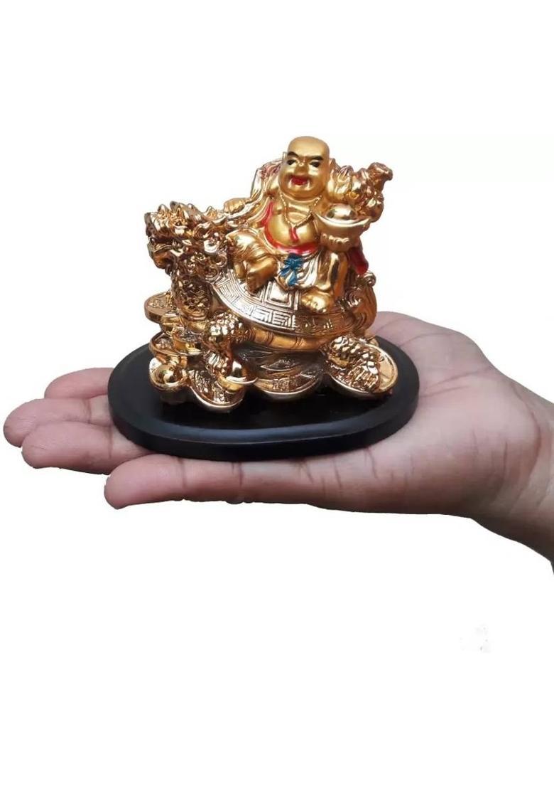 Vastu Art Vastu Fengshui Small Laughing Buddha Sitting On Dragon For Goodness, Prosperity Decorative Showpiece - 8 cm&nbsp;&nbsp;(Polyresin, Gold) - Indya