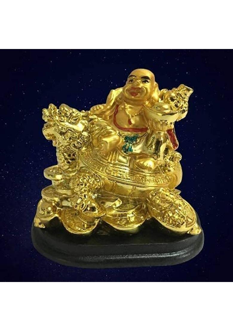 Vastu Art Vastu Fengshui Small Laughing Buddha Sitting On Dragon For Goodness, Prosperity Decorative Showpiece - 8 cm&nbsp;&nbsp;(Polyresin, Gold) - Indya