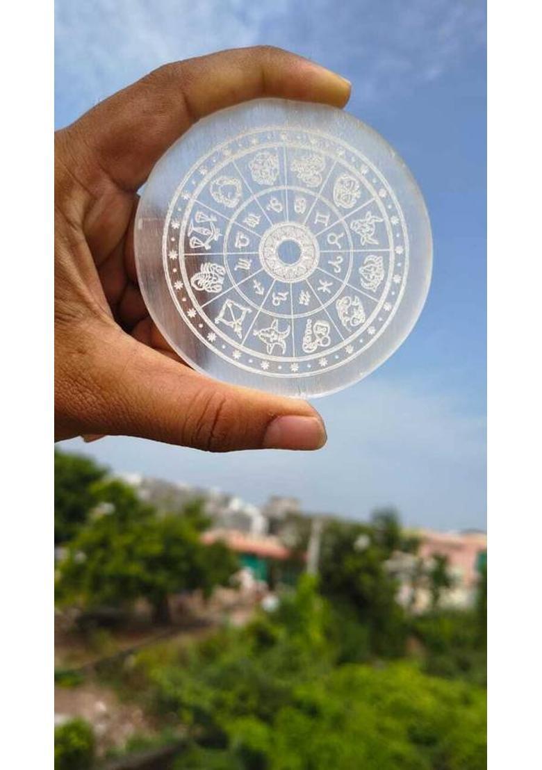 SWARACRYSTAL Zodiac Selenite Plate for All Signs – Crystal Charging & Spiritual Use Decorative Showpiece - 8 cm&nbsp;&nbsp;(Crystal, White) - Indya