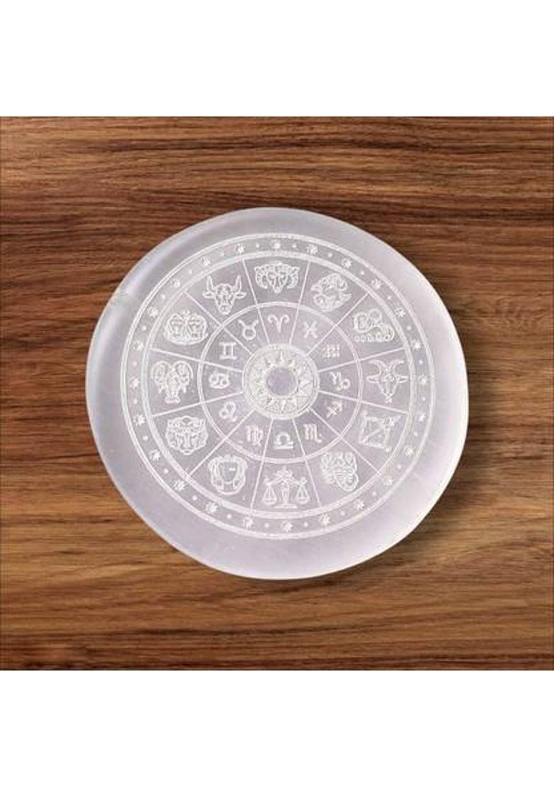 SWARACRYSTAL Zodiac Selenite Plate for All Signs – Crystal Charging & Spiritual Use Decorative Showpiece - 8 cm&nbsp;&nbsp;(Crystal, White) - Indya