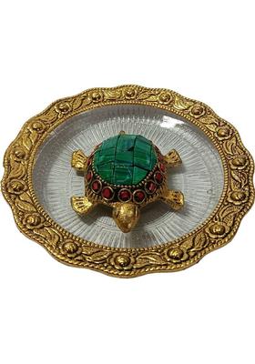 HOMESIE Fengshui Tortoise with Plate Decorative Showpiece - 14 cm&nbsp;&nbsp;(Glass, Green)